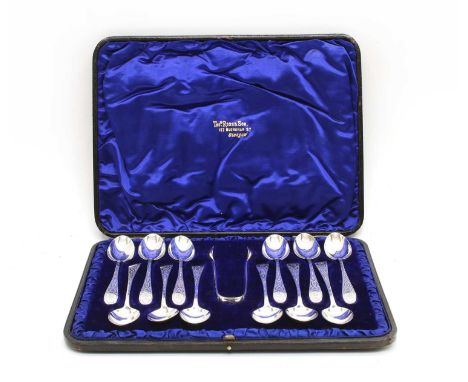 A cased set of 12 silver teaspoons, Robert Tennant &amp; Co, Glasgow 1892, each with engraved decoration to the handle and in
