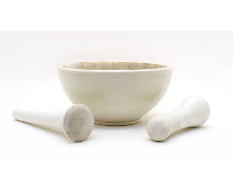 A large ceramic pestle and mortar and another pestle, 30cm diameter (3)Condition report: No chips or other damages, perhaps s