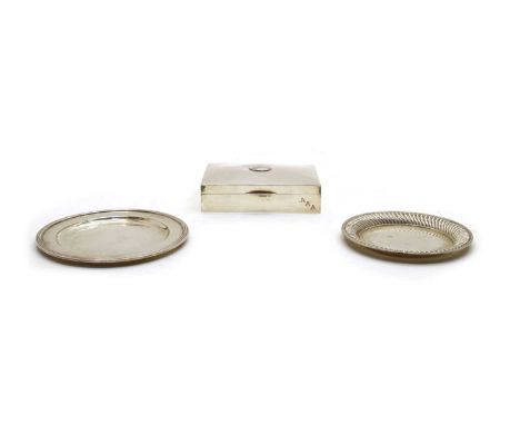 A 925 standard silver cigarette box, inset with Greek coin relief, 13cm wide, a modern silver dish with gadroon moulded borde