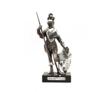 An Italian silver coloured model knight on marble base, holding a lance and shield, back stamped 'R 925 GR 120', base with pl