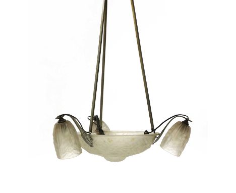 An Art Deco silvered hanging light, with a moulded glass dish terminal, with three branches and mounted glass shades, 55cm di