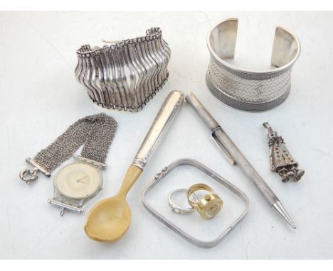 A quanitity of silver, to include a propelling pencil with whistle terminal, a bangle with woven design, an articulated brace