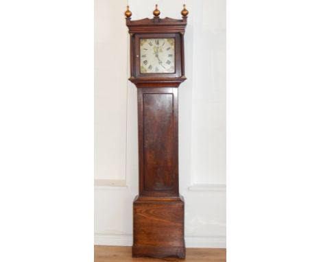 A 19th century mahogany thirty hour longcase clock, the floral painted dial with Roman numerals, the case with three gilt pai