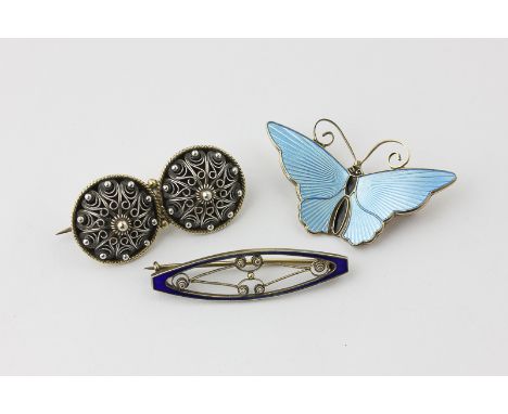 David Andersen a silver gilt and enamel butterfly brooch; an early Andersen filigree bar brooch and a blue enamel and filigre