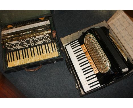A Hohner cased accordion, a cased Calanti accordion and a collection of various musical booklets
