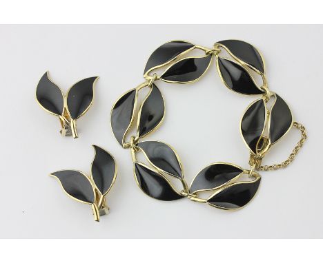 David Andersen a silver gilt and black enamel leaf design bracelet with matching ear clips