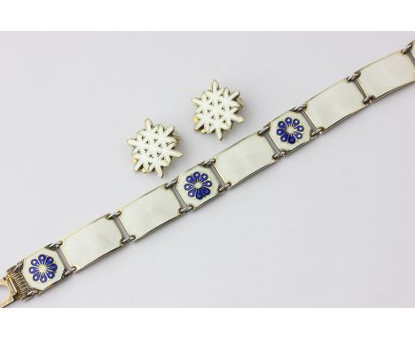 David Andersen a silver and blue and white enamel bracelet and a pair of white snowflake ear clips