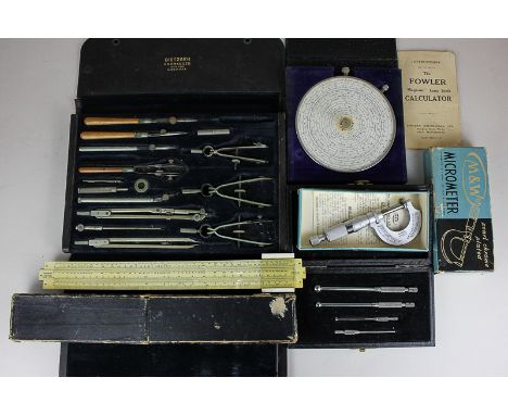 A Fowler Magnum long scale calculator in case, a slide rule, an M & W micrometre, a set of drawing tools and a set of Lushing