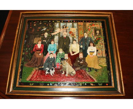 Nigel Purchase (b.1940), historical family group portrait with artist viewed through a window, oil on board, signed and dated