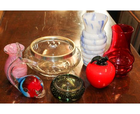 Three pieces of Murano glass, an apple, a dolphin and a controlled bubble dish, a Medina glass vase, a Rihilmaki glass vase, 