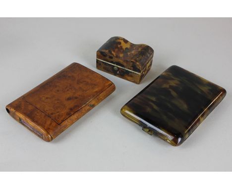A burr walnut cigarette case with side vesta, a faux tortoiseshell cigarette case and trinket box