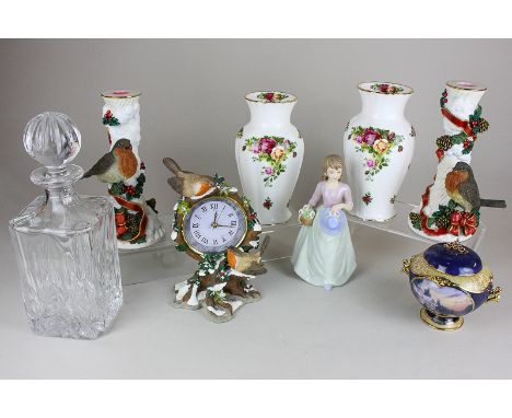 A pair of Royal Albert 'Old Country Roses' vases;  a square glass decanter and stopper; a Regal porcelain figure 'Sally', and