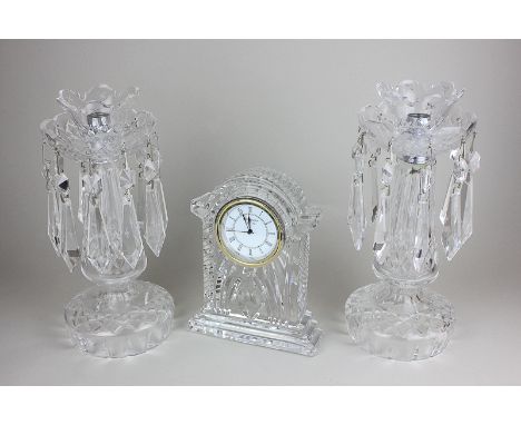 A pair of Waterford crystal mantelpiece lustre candlesticks, each with ten clear glass droplets, together with a Waterford cr