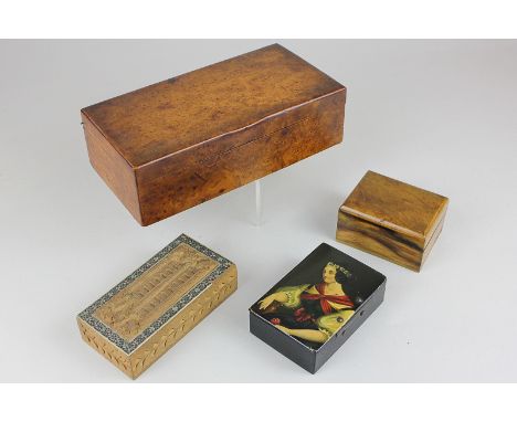 A Russian black lacquer trinket box, hand painted with an image of a woman with flower garland, a burr walnut box, an Indian 