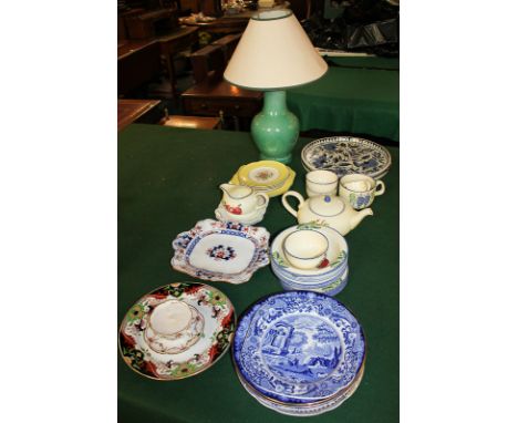 Two Spode Italian pattern plates, a Poole Pottery part tea set, a Doulton plate and other china including a table lamp