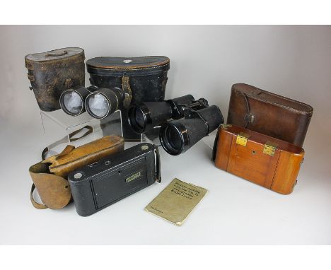 A pair of Prinz binoculars with CM compass mounted case, a pair of The Liverpool binoculars and a J Lizars 'Challenge' Dayspo