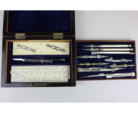 A 19th century W M Barnard part drawing set in fitted mahogany case with ivory folding ruler and other items, with some later