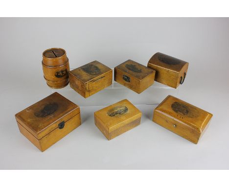 Seven pieces of Mauchline ware, to include two money boxes and five trinket boxes showing scenes from Shanklin in Chine, East