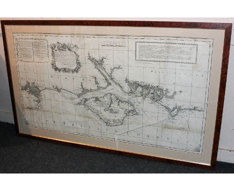 Emmanuel Bowen, an 18th century chart map, the Isle of Wight and the coastline of Sussex, Hampshire and Dorset, from Selsey t