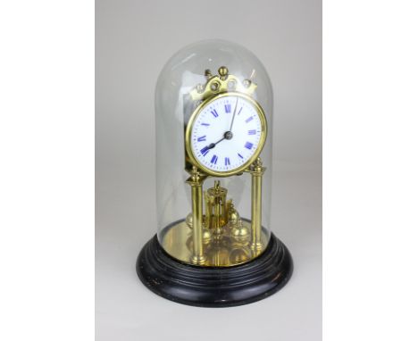 A German 400 day clock under glass dome with blue enamel Roman numerals on circular white dial, 27cm high
