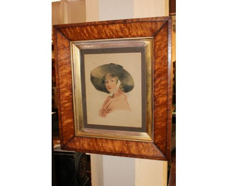 19th century school, head and shoulders portrait of a girl wearing wide brimmed hat, watercolour, 23cm by 18cm