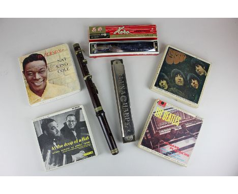 A Luna Harp harmonica, a Hero harmonica in box and a wooden flute/pipe (a/f), together with four twin track tape records incl