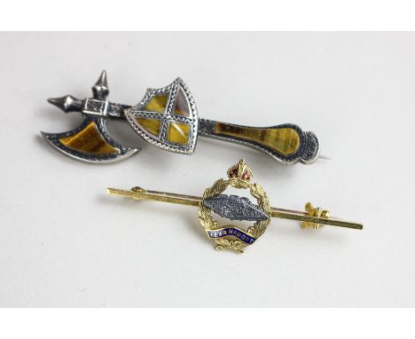 An 18ct gold and enamel Regimental bar brooch with 'Fear Naught' motto; and a Scottish silver bar brooch