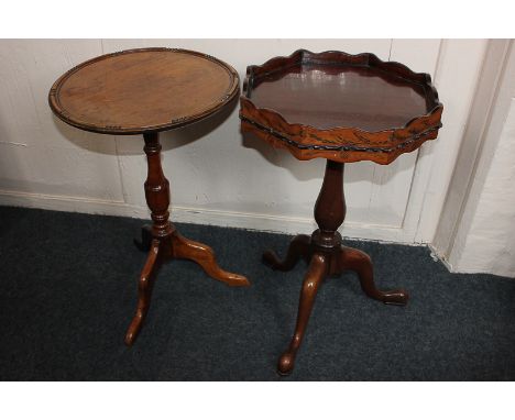 A hexagonal top side table with a gallery decorated with leaves and cones, on tripod base, a circular tripod table and a rect