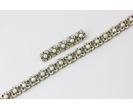 David Andersen a silver gilt and white enamel bracelet with matching bar brooch