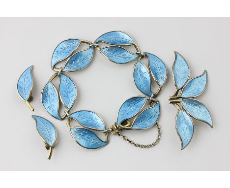 David Andersen a silver and blue enamel leaf design bracelet and matching brooch and ear clips