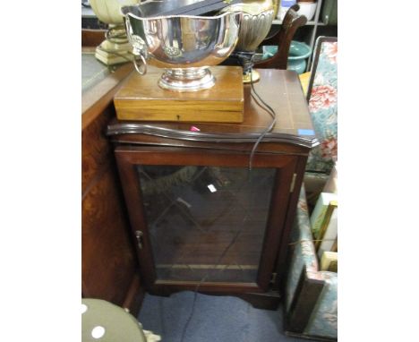 A reproduction mahogany display cabinet with a single leaded door, 28 h x 18 w, a walnut nest of tables and a walnut stool wi