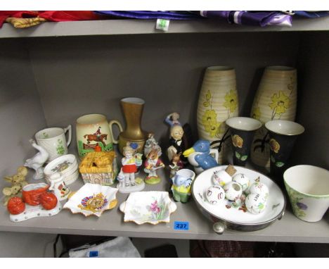Mixed ceramics to include a Carlton ware hunting, musical mug, Bunnykins and Royal Worcester figurines, a Limoges bird jug an
