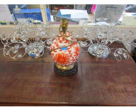 Two contemporary plated, metal ceiling lights with faceted glass drop and an oriental porcelain table lamp base