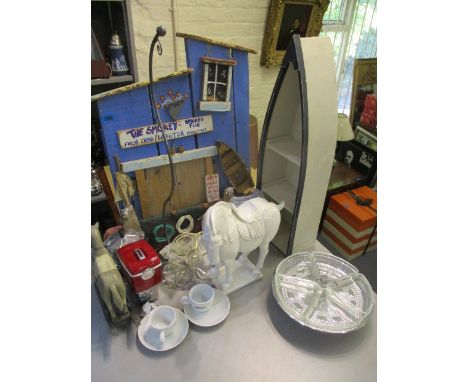 Kitchen related and other items to include painted wooden pieces, glassware, a lamp, a money box and other items