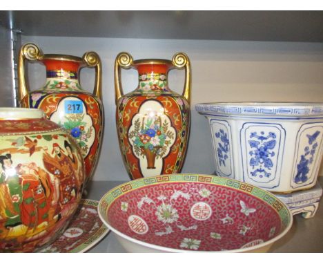 A reproduction oriental planter on stand, mixed oriental vase to include a pair of Noritake and other vases and ceramics