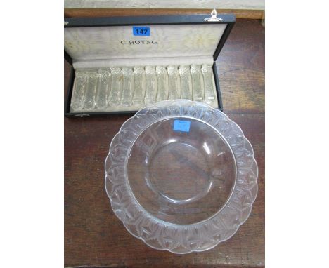 A set of cut glass knife/chopstick rests, boxed, G Hoying marked to interior of box lid and a Lalique bowl A/F