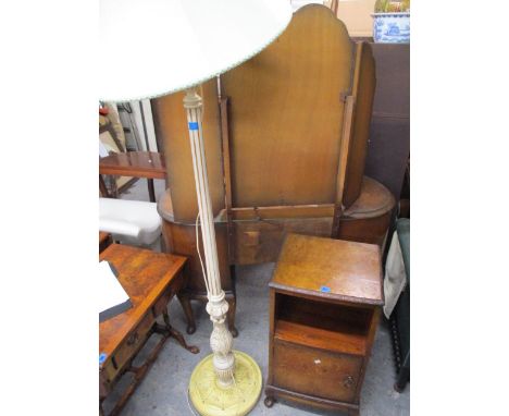 A painted, fluted standard lamp and a quarter cut, walnut veneered bedside cabinet