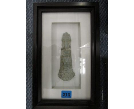 A Buddhist artifact in carved stone from Taxila in Northern Pakistan, mounted in a glazed frame, 6 long, excluding frame