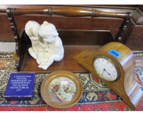 A mixed lot to include a 1920s mantle clock, a Victorian Baxter pot lid and a mahogany book rest