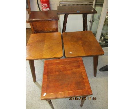 A sewing table, a pair of retro teak lamp tables, an oak two tier occasional table and a small mahogany table