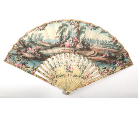 A Mid-18th Century Ivory Fan, the monture carved, pierced, gilded and painted, the guards with an elegant lady and detailed f