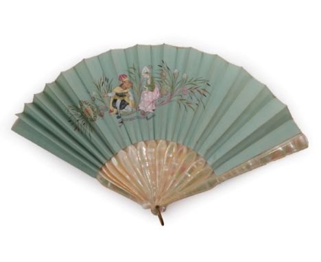 Two Circa 1880's Mother-of-Pearl Fans, both with green/pink montures which are relatively plain. The first, mounted with plai