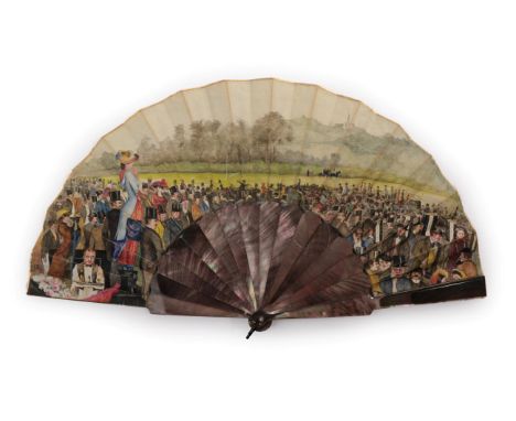 A Day at The Races: An Unusual Fan with Smoky Mother-of-Pearl Sticks, circa 1905, the mother-of-pearl unadorned, the head sha