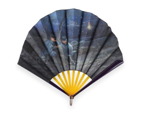 The Soldier's Dream: A WWI Fan of ballon form, the monture synthetic, the guards in dark purple and the gorge sticks in yello
