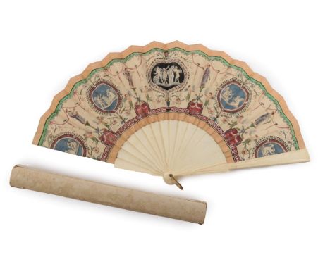 A Large Late 19th Century Ivory Fan the guards simply shaped, the gorge plain. The double silk printed leaf is hand coloured 