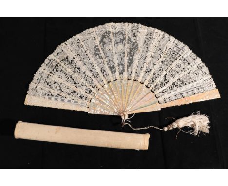 A Large Mixed Brussels Lace Fan, circa 1880's, the bobbin lace leaf with large central detail of many -petalled roses in need