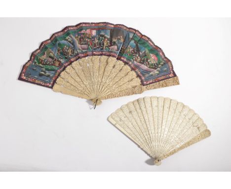 A Mid-19th Century Chinese Carved Ivory Brisé Fan, Qing Dynasty, the seventeen inner sticks carved in low relief with figures