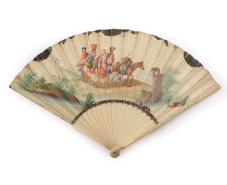Jacob: An Early 18th Century Ivory Fan, the vellum leaf mounted à l'anglaise. The biblical story of Jacob leaving the lands o