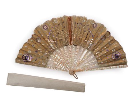 A Small and Vibrant Sequin Fan, early 20th century, the monture of pink mother-of-pearl, the gauze leaf painted in gold, and 