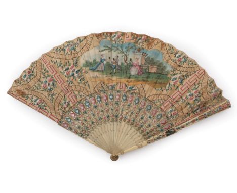 The Claude Glass Fan: An 18th Century Fan, with a double paper leaf, mounted on bone sticks, carved, and painted in pink and 